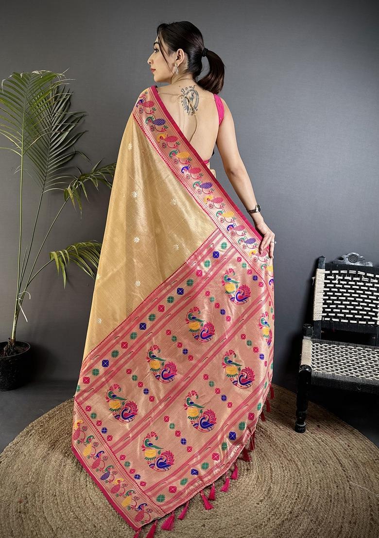Beige Zari Weaving Tissue Saree Set - Indya