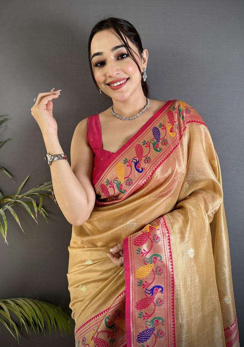 Beige Zari Weaving Tissue Saree Set for Diwali | Wedding & Festive Wear - Indya