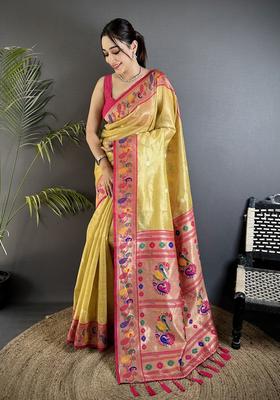Golden Yellow Zari Weaving Tissue Saree Set