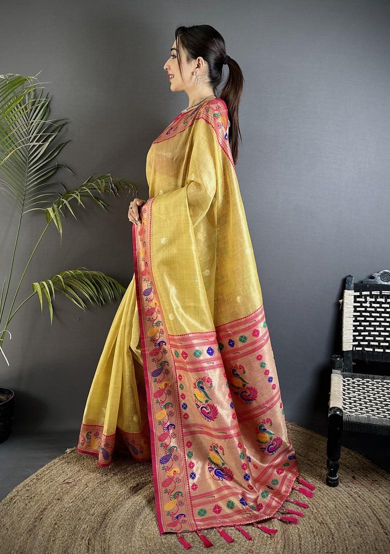 Golden Yellow Zari Weaving Tissue Saree Set - Indya