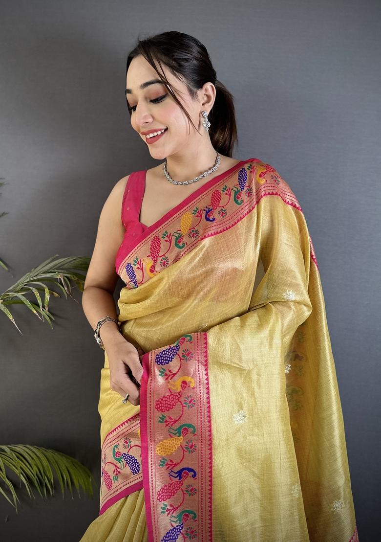 Golden Yellow Zari Weaving Tissue Saree Set - Indya