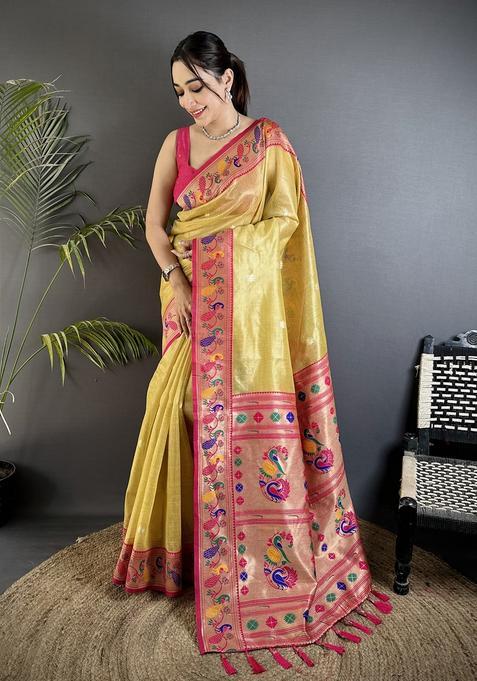 Golden Yellow Zari Weaving Tissue Saree Set