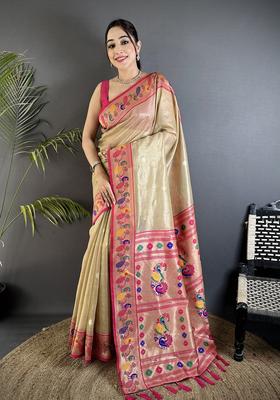 Beige Zari Weaving Tissue Saree Set