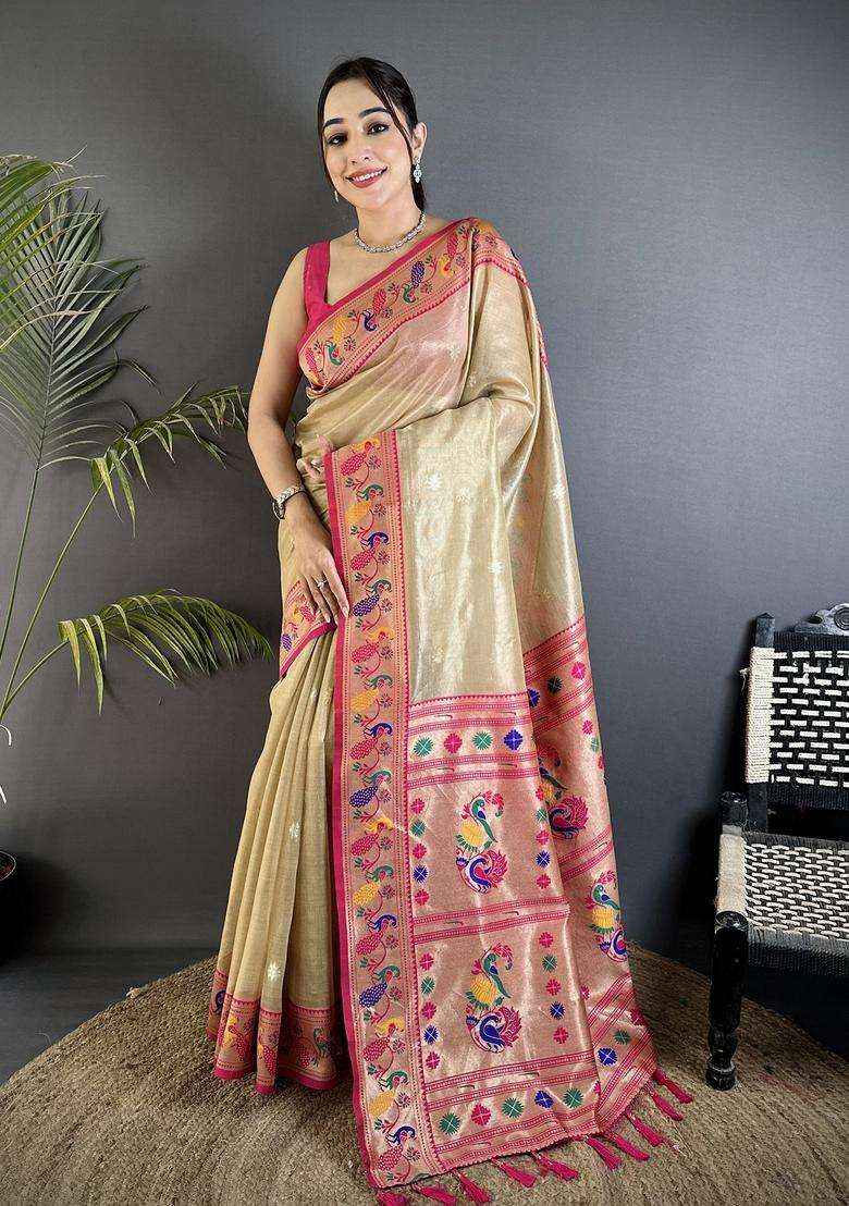 Beige Zari Weaving Tissue Saree Set for Diwali | Wedding & Festive Wear - Indya