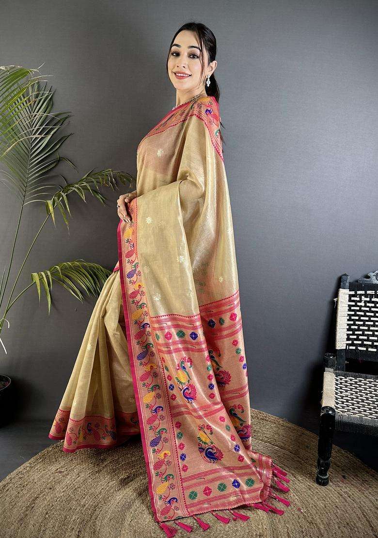 Beige Zari Weaving Tissue Saree Set for Diwali | Wedding & Festive Wear - Indya