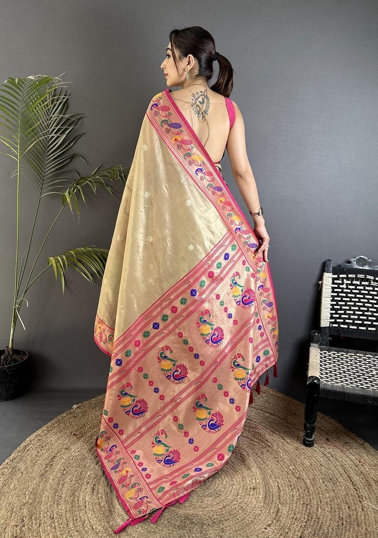 Beige Zari Weaving Tissue Saree Set - Indya