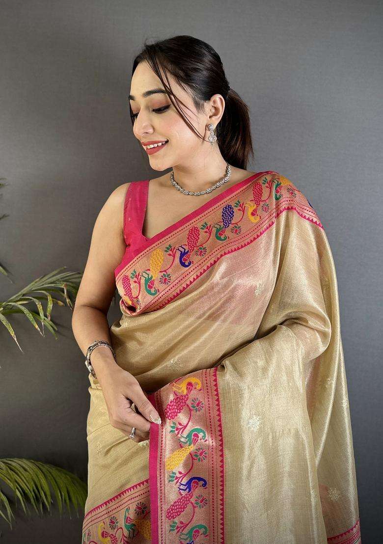 Beige Zari Weaving Tissue Saree Set for Diwali | Wedding & Festive Wear - Indya