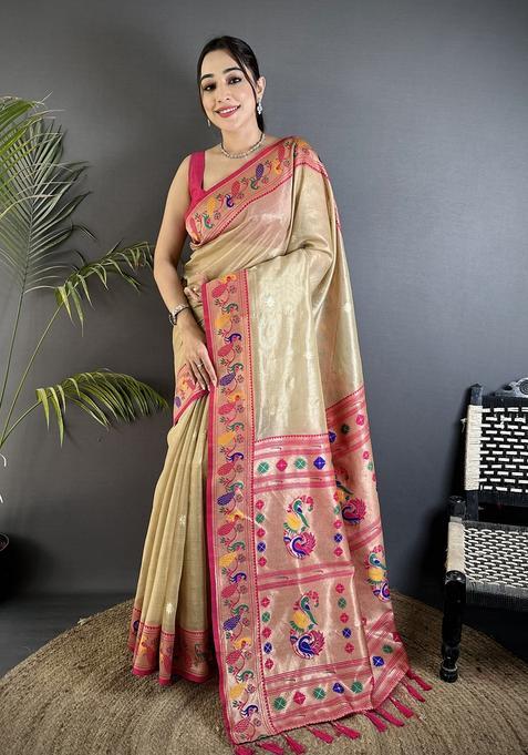 Beige Zari Weaving Tissue Saree Set