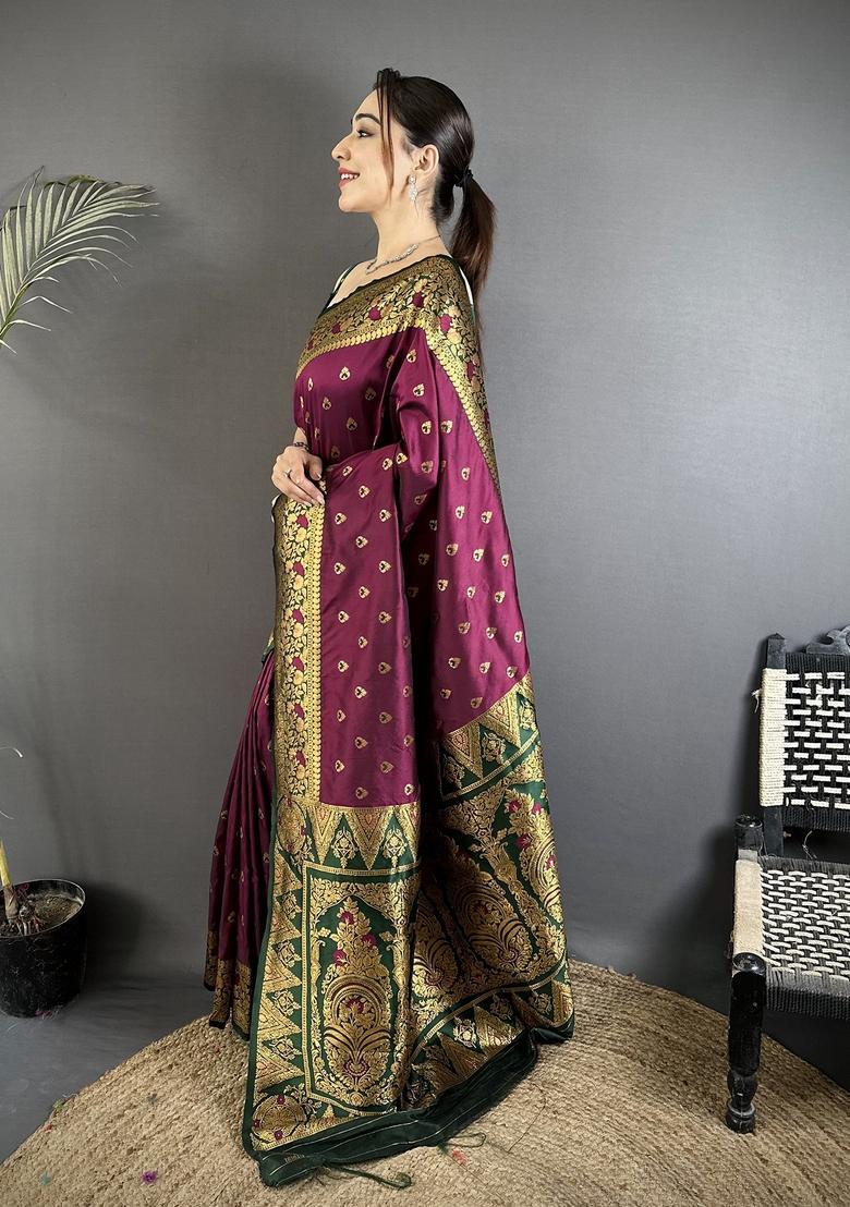 Wine Motif Silk Saree Set - Indya