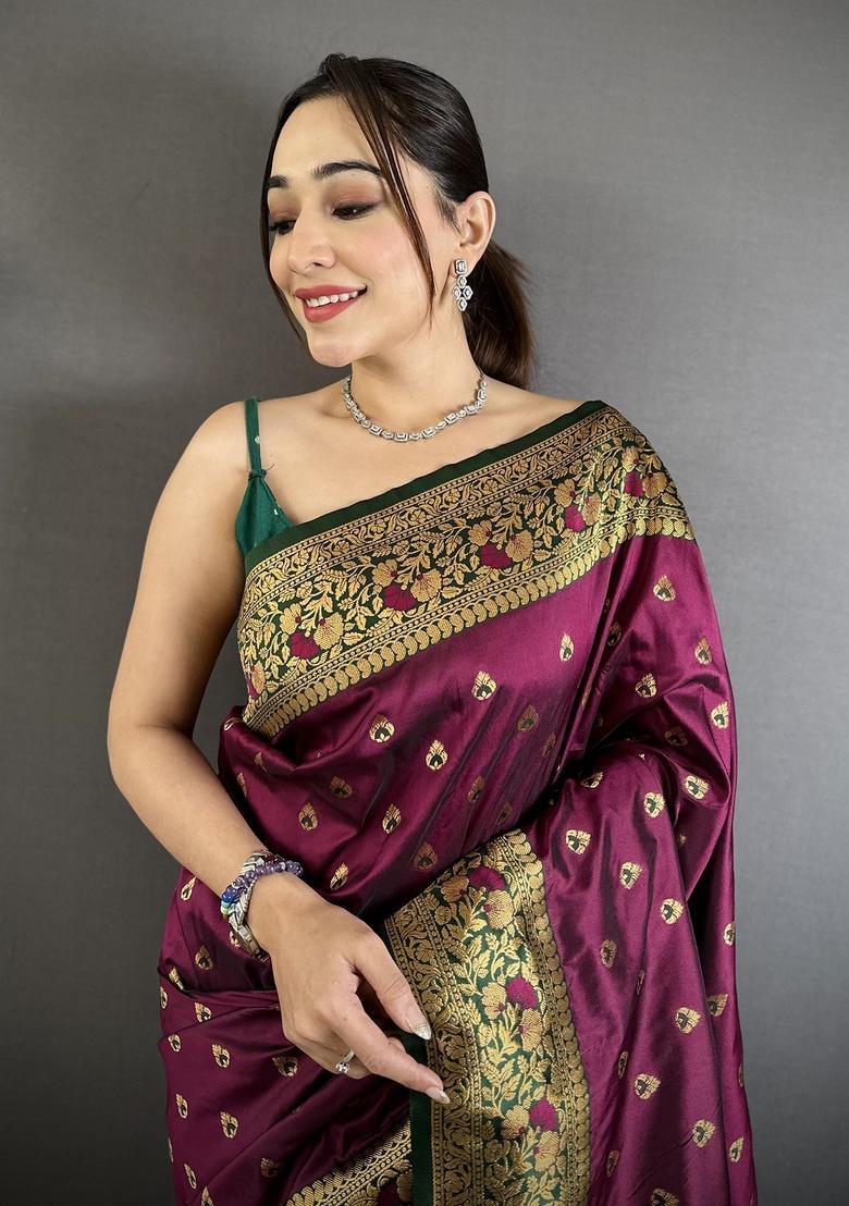 Wine Motif Silk Saree Set - Indya