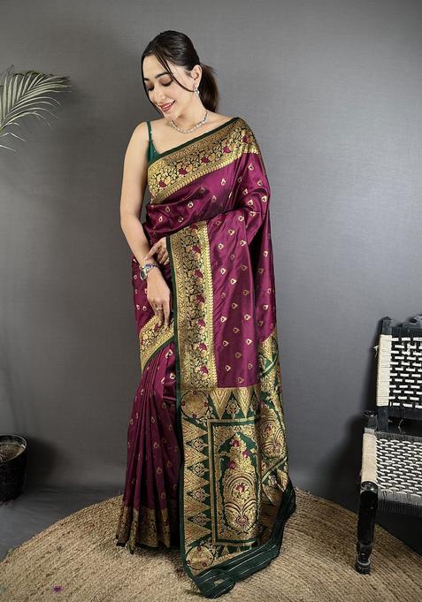Wine Motif Silk Saree Set
