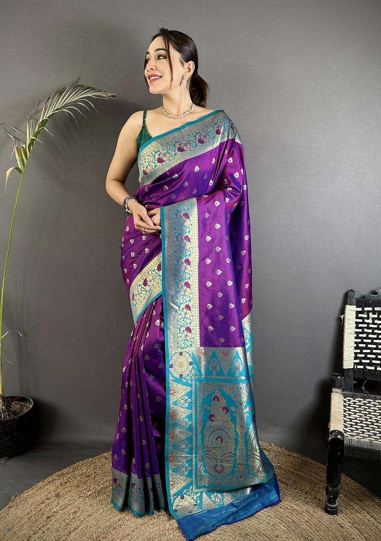 Purple Motif Silk Blend Saree Set for Diwali | Wedding & Festive Wear - Indya