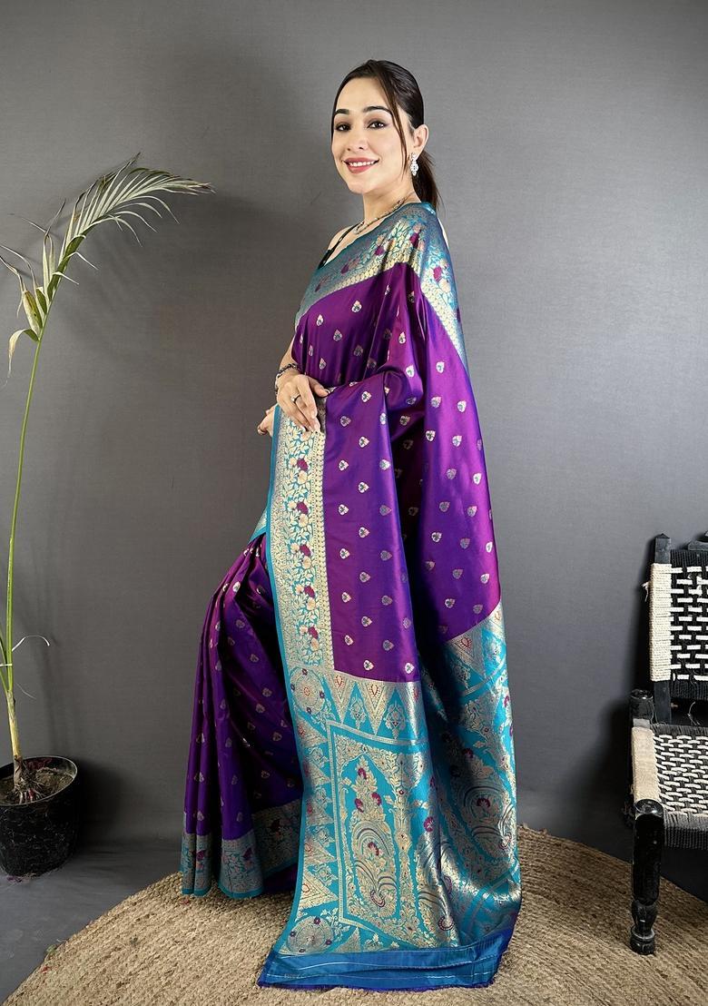 Purple Motif Silk Saree Set - Indya