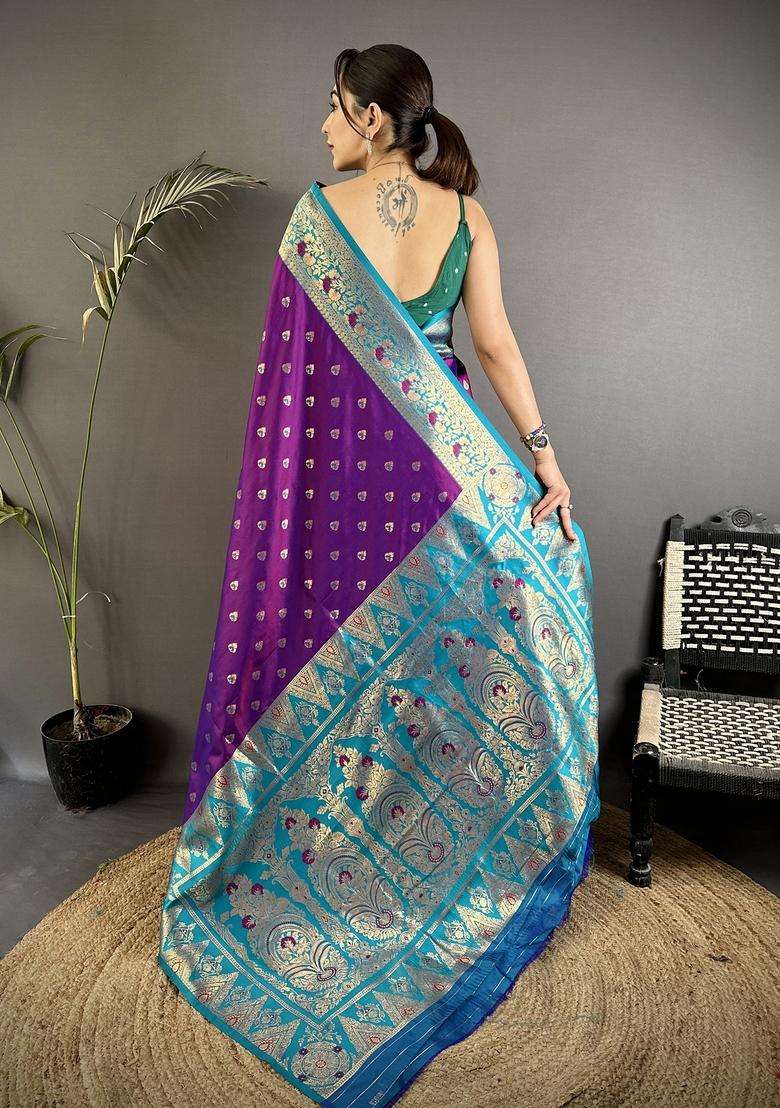 Purple Motif Silk Blend Saree Set for Diwali | Wedding & Festive Wear - Indya