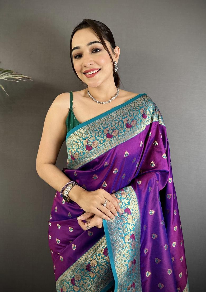 Purple Motif Silk Saree Set - Indya