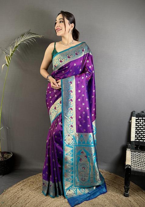 Purple Motif Silk Saree Set
