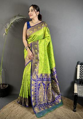 Parrot Green Motif Silk Saree Set