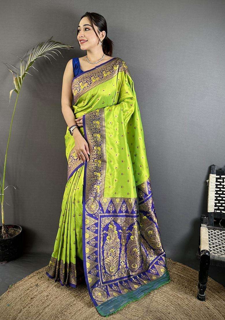 Parrot Green Motif Silk Blend Saree Set for Diwali and Festive Wear - Indya