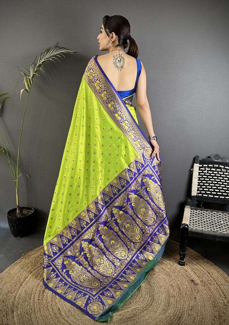 Parrot Green Motif Silk Blend Saree Set for Diwali and Festive Wear - Indya