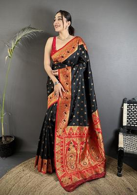 Black Motif Silk Saree Set