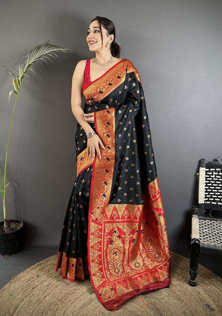 Black Motif Silk Blend Saree Set for Diwali | Wedding & Festive Wear - Indya