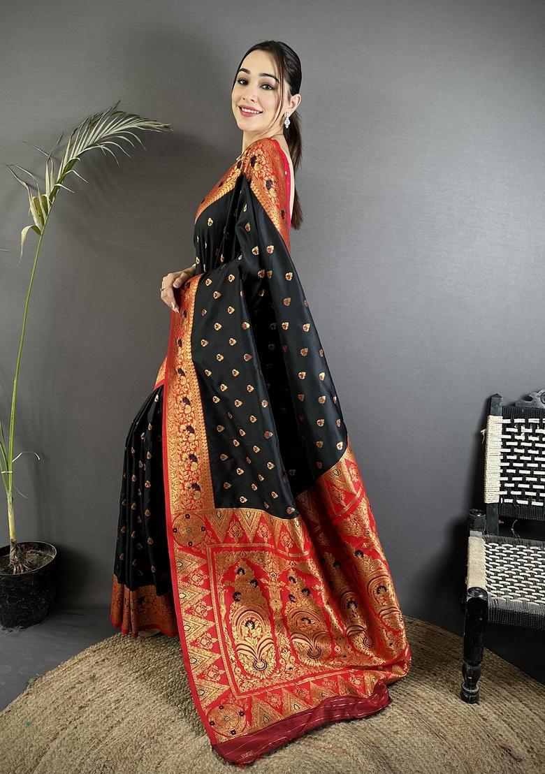 Black Motif Silk Saree Set - Indya
