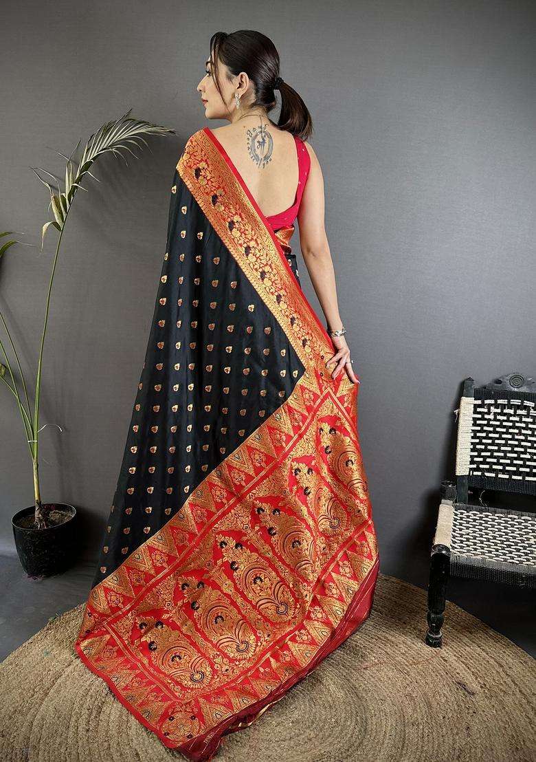 Black Motif Silk Blend Saree Set for Diwali | Wedding & Festive Wear - Indya