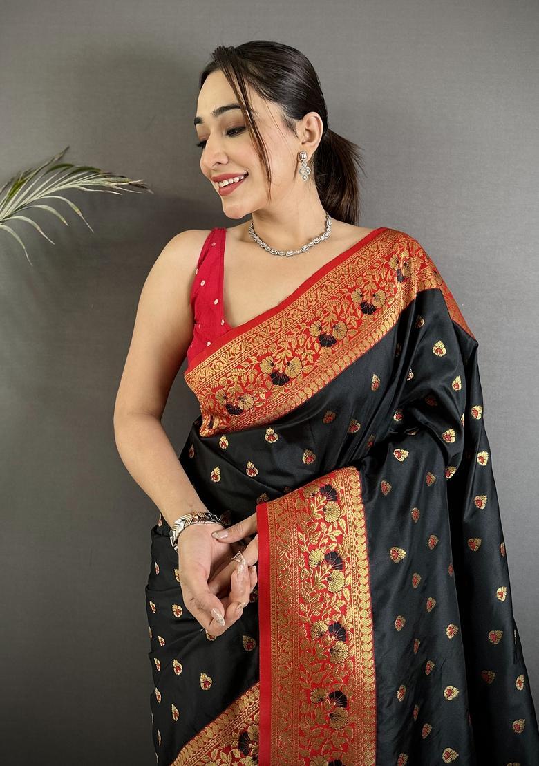 Black Motif Silk Saree Set - Indya