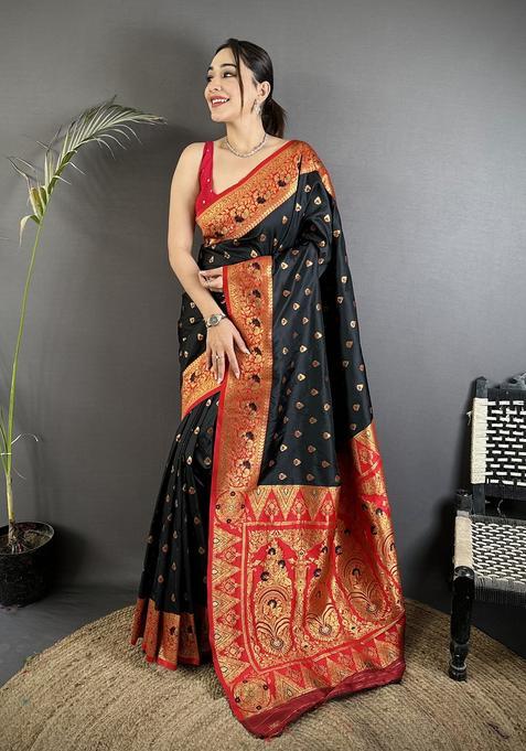 Black Motif Silk Saree Set