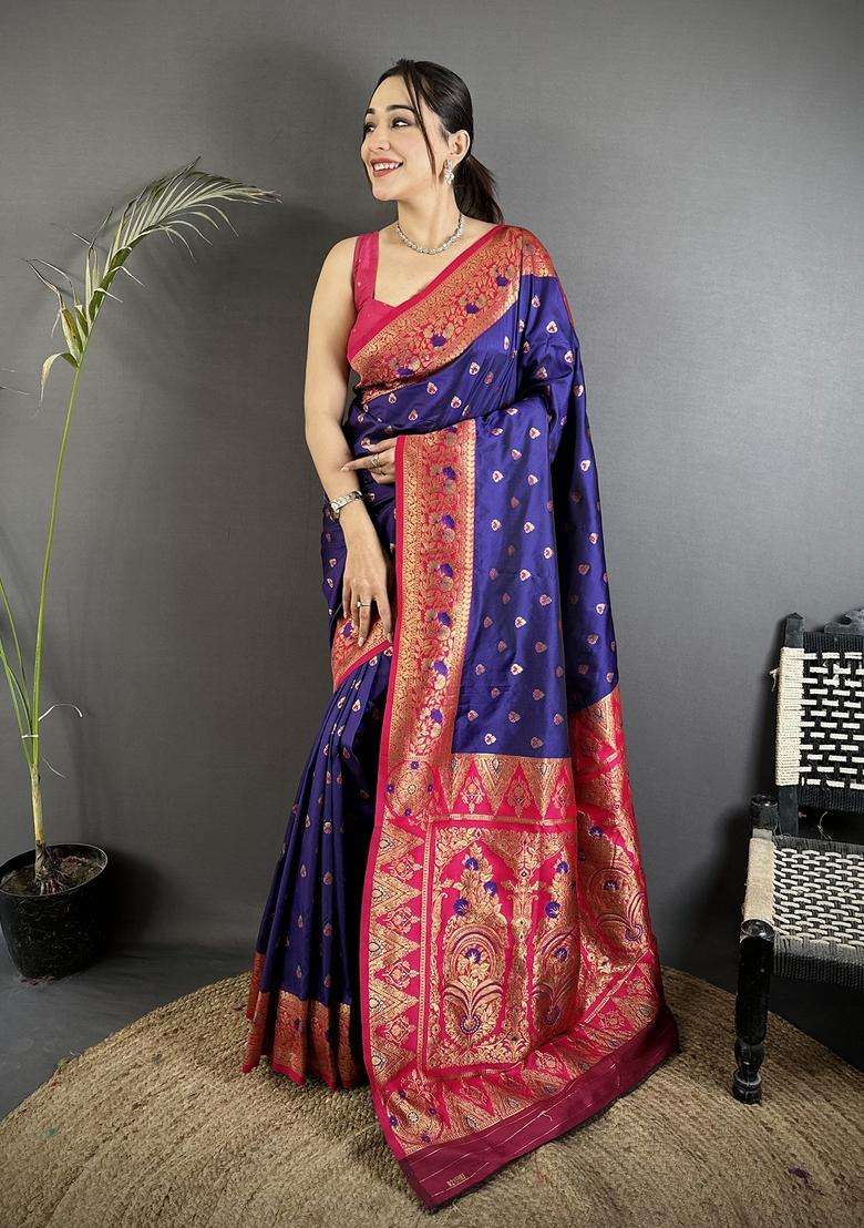 Royal Blue Motif Silk Blend Saree Set for Diwali and Festive Wear - Indya