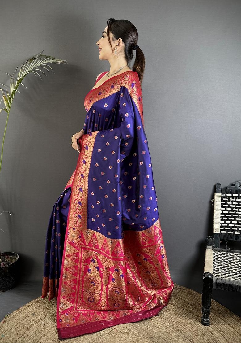 Royal Blue Motif Silk Saree Set - Indya