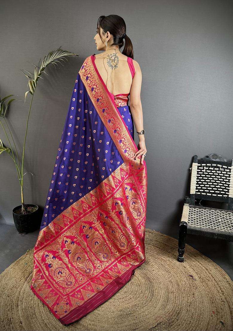 Royal Blue Motif Silk Blend Saree Set for Diwali and Festive Wear - Indya