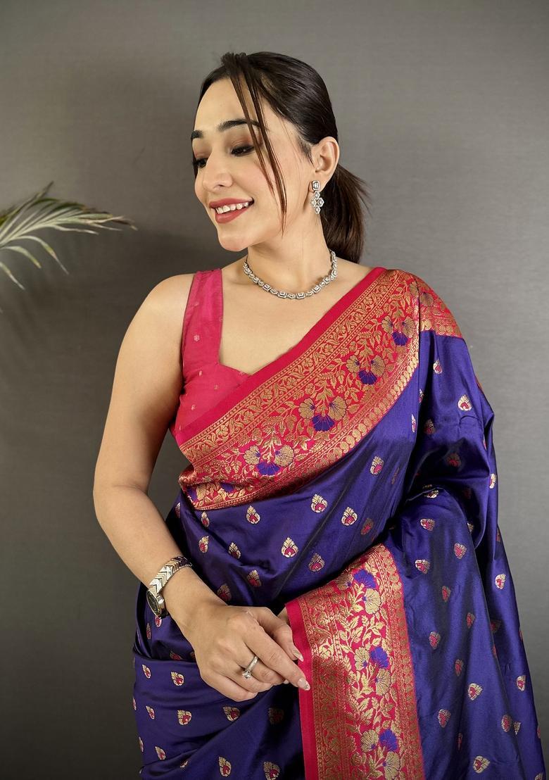 Royal Blue Motif Silk Saree Set - Indya