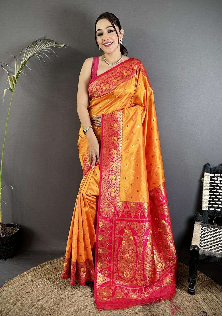 Orange Motif Silk Blend Saree Set for Diwali and Festive Wear - Indya