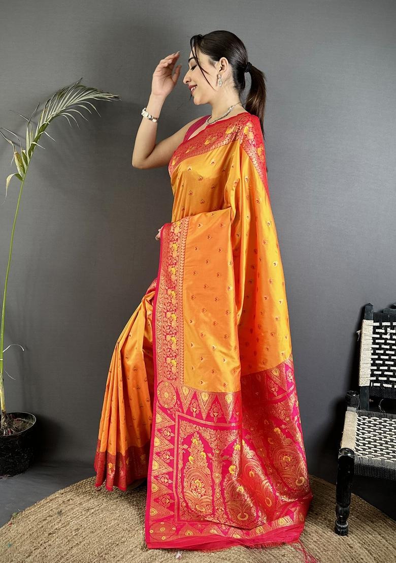 Orange Motif Silk Saree Set - Indya