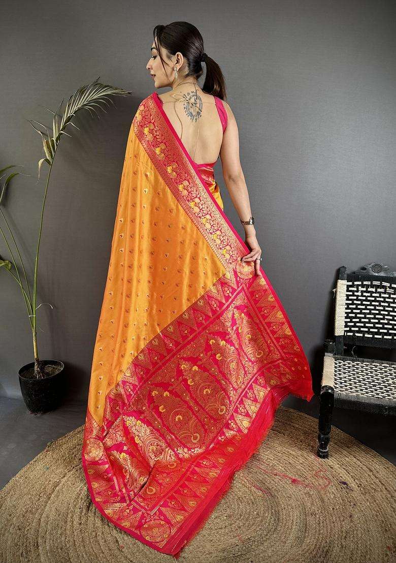 Orange Motif Silk Blend Saree Set for Diwali and Festive Wear - Indya