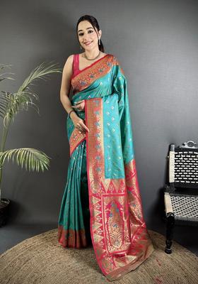 Teal Blue Motif Silk Saree Set