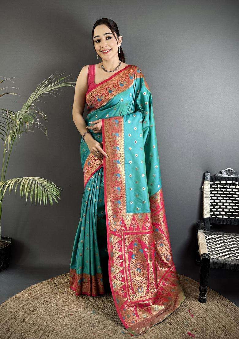 Teal Blue Motif Silk Blend Saree Set for Diwali | Wedding & Festive Wear - Indya