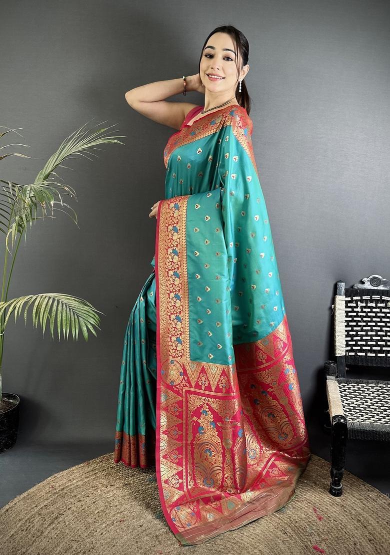 Teal Blue Motif Silk Saree Set - Indya