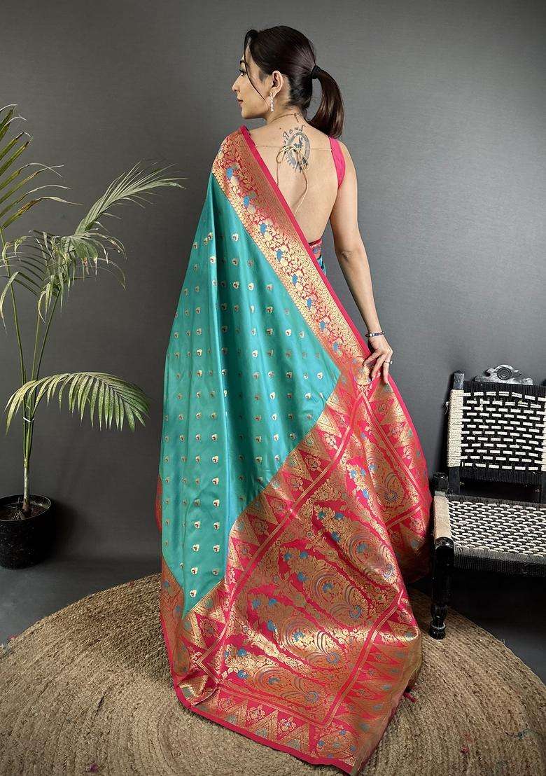 Teal Blue Motif Silk Blend Saree Set for Diwali | Wedding & Festive Wear - Indya
