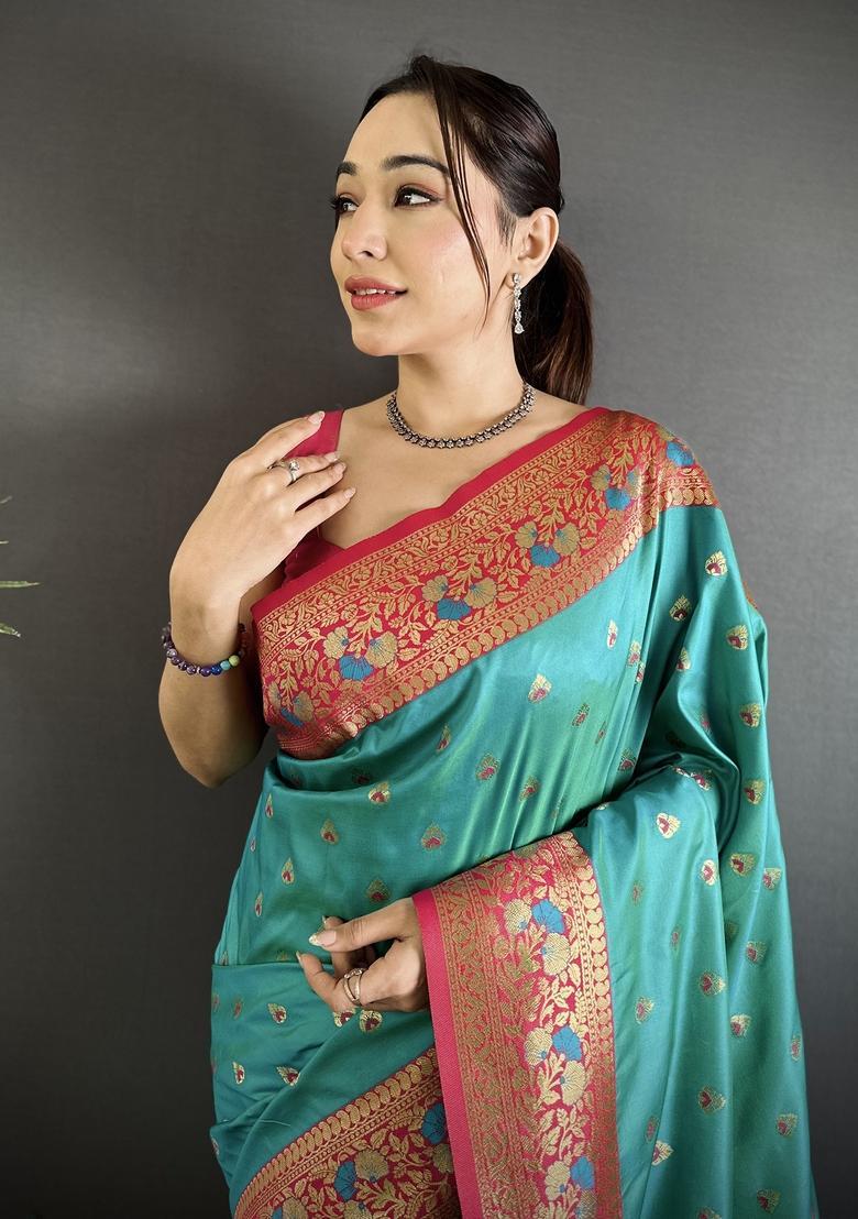 Teal Blue Motif Silk Saree Set - Indya