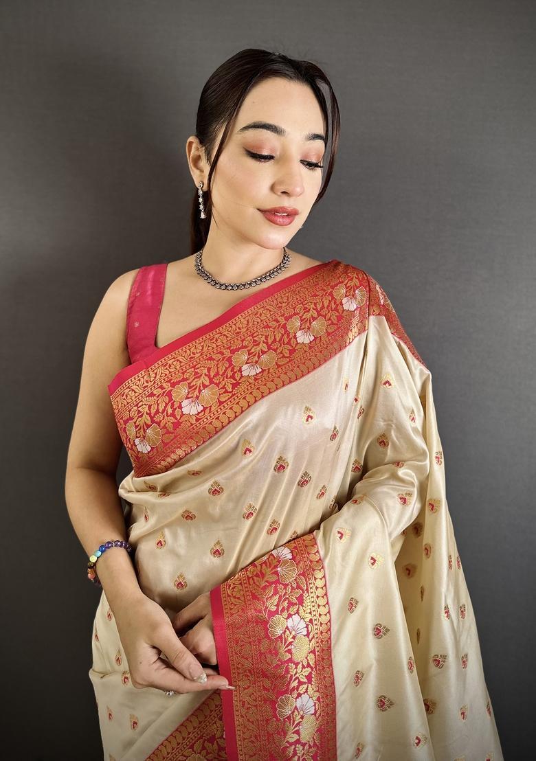 Off White Motif Silk Saree Set - Indya