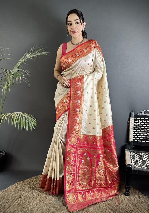 Off White Motif Silk Saree Set