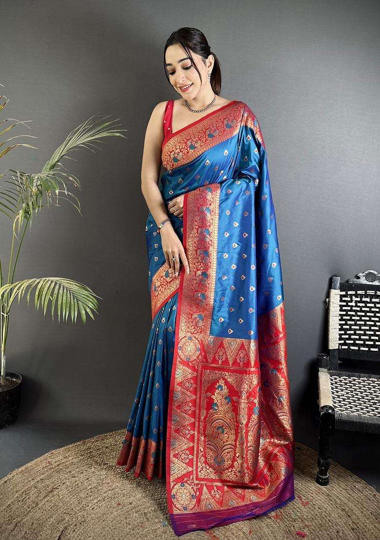 Blue Motif Silk Blend Saree Set for Diwali and Festive Wear - Indya