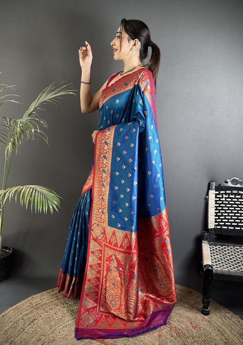 Blue Motif Silk Saree Set - Indya