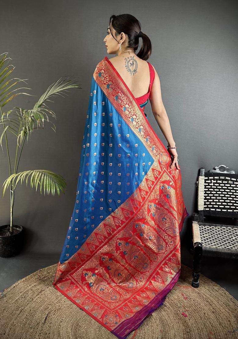 Blue Motif Silk Blend Saree Set for Diwali and Festive Wear - Indya