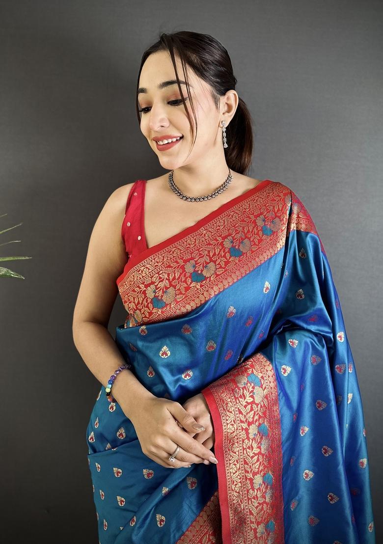 Blue Motif Silk Saree Set - Indya