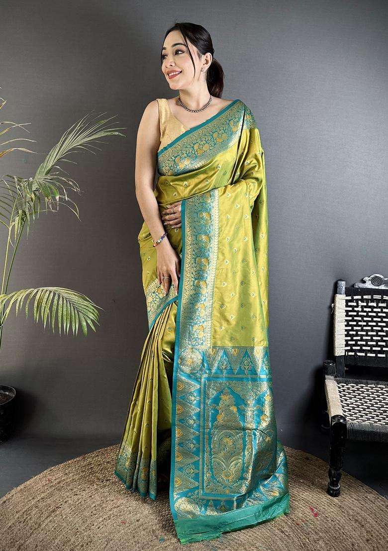 Pista Green Motif Silk Blend Saree Set for Diwali and Festive Wear - Indya