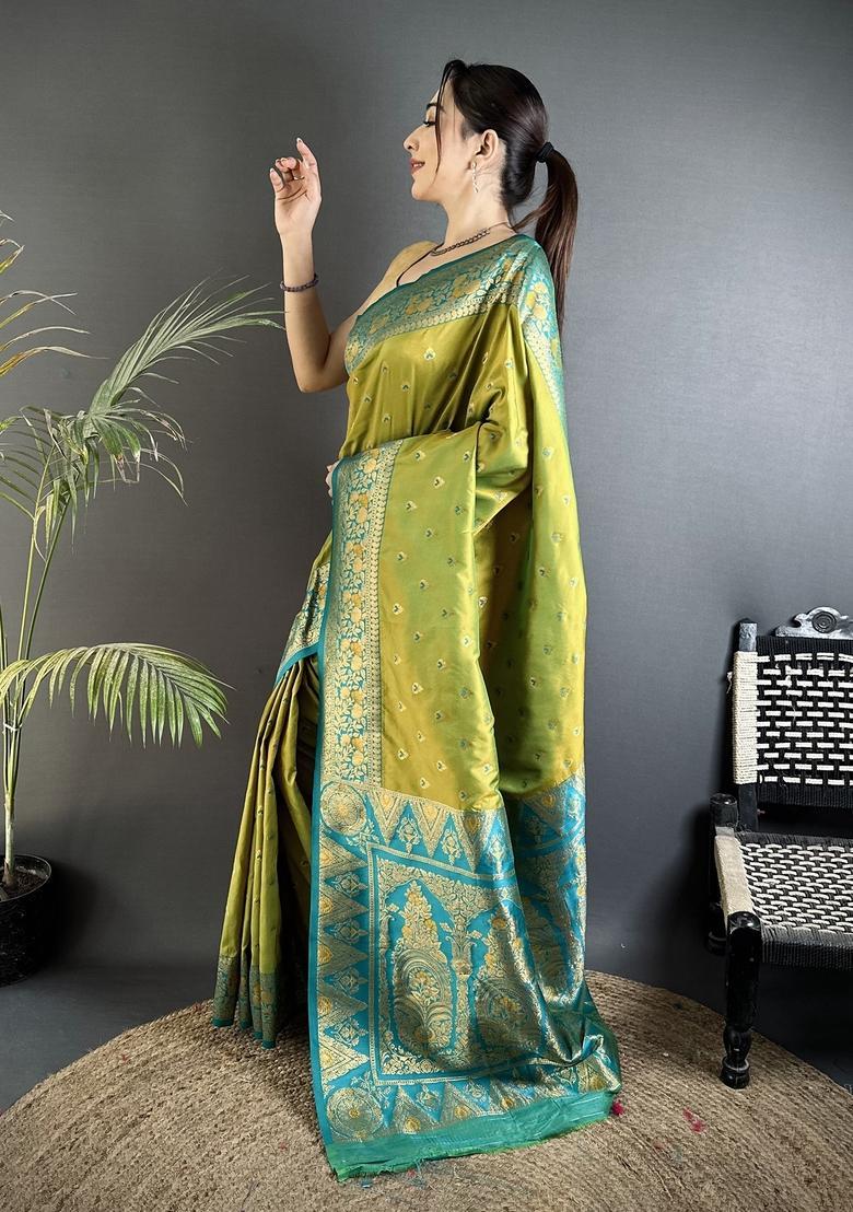 Pista Green Motif Silk Saree Set - Indya