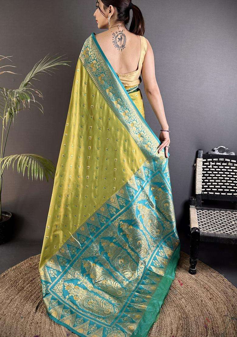 Pista Green Motif Silk Blend Saree Set for Diwali and Festive Wear - Indya